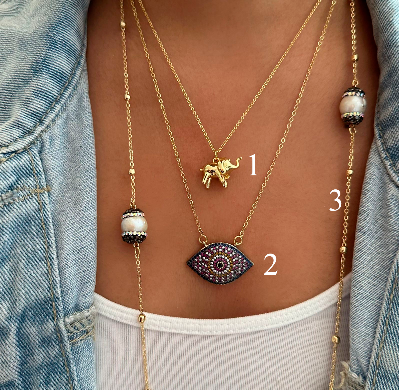 Elefante dorado, Ojo Turco multicolor, Cadena perla